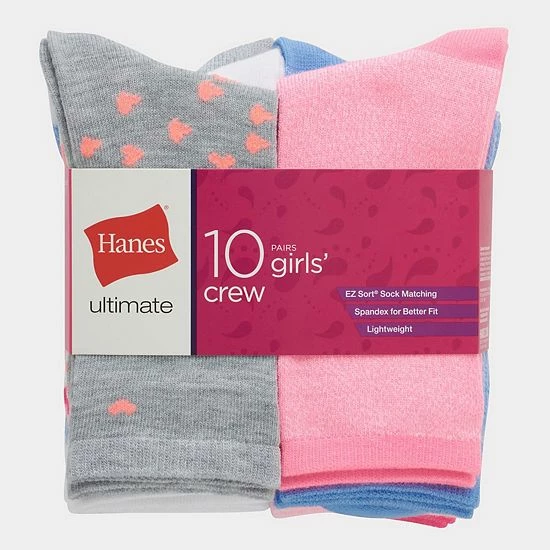 Girls Hanes Ultimate® 10-Pack Crew Socks 2 Girls Hanes Ultimate® 10-Pack Crew Socks - Image 2